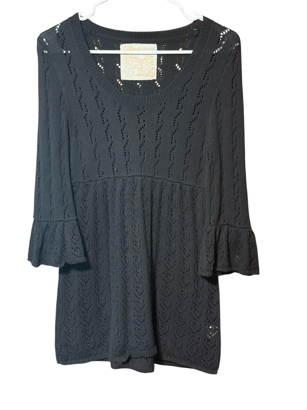 Love Rocks Black Pointelle Knit Sweater Dress Tunic Large Boho
